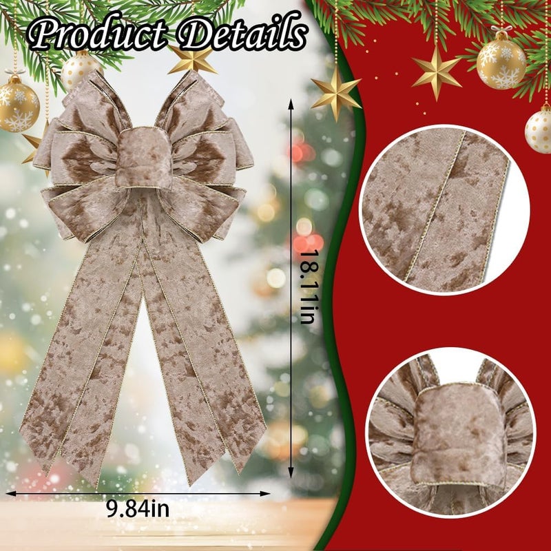 CHMOART Store Christmas Wreath Bow 20 x 11 Inches Large Christmas Bows Golden Trimmed Champagne Velvet Bow Winter Farmhouse Bow Xmas Tree Topper Bow for Home Front Door Decorations - Image 1